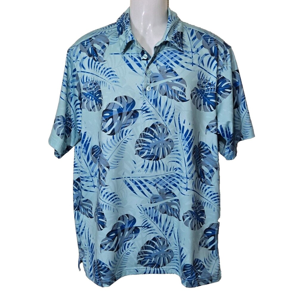 Walter Hagen Shirt Mens Large Golf Polo Blue Palm Floral 11 Majors Hawaiian - Picture 1 of 10